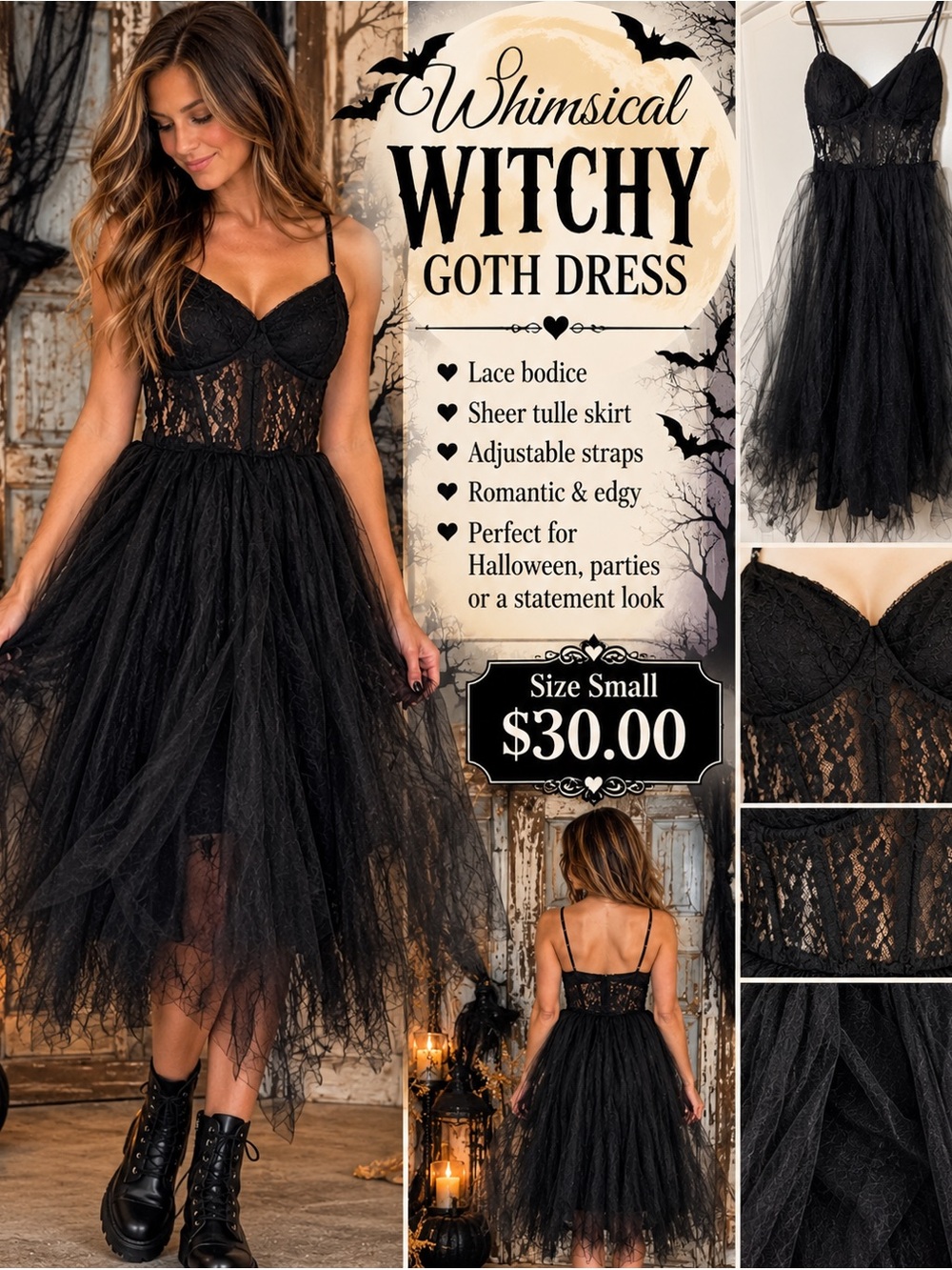 Whimsical Witchy Gothic Lace Midi Dress in Black